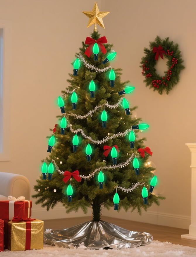 50 Pack C7 Ceramic Green Christmas Replacement Bulbs, 5 Watt Incandescent Bulbs for Outdoor String Lights, C7 Christmas Night Light Bulbs for Porch Patio Garden Holiday Decor, E12 Intermediate Base