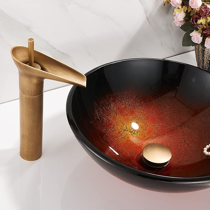 Antique Brass Pop UP Drain, Bathroom Vessel Lavatory Vanity Faucet Sink Stopper, Built-in Anti-Clogging Strainer, Fits Standard American Drain Hole(1-1/2" to 1-3/4"),Without Overflow RWF082S