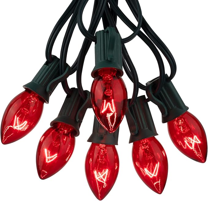 25 Pack Replacement C7 Light Bulbs for E12 Base Christmas String Lights, Classic Christmas Bulbs for Holiday Party Indoor Outdoor Garden Backyard Cafe Xmas Decoration, Red