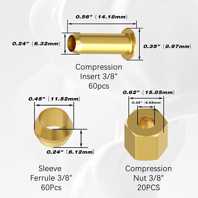 140PCS Compression Fittings Assortment kit - 3/8" of Brass Compression Sleeve Ferrule, Insert and Nuts,Used to Connect Lines for Air,Water,Fuel,Oil and Inert Gases