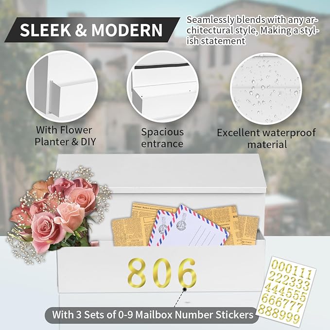 Wall Mount Mailbox, Large Capacity for House, Outside, with 3 Sets of 0-9 Number Stickers & Flower Planter, Galvanized Steel Rust-Proof Metal Post Drop Box, 15.74"×9.84"×6.41" White