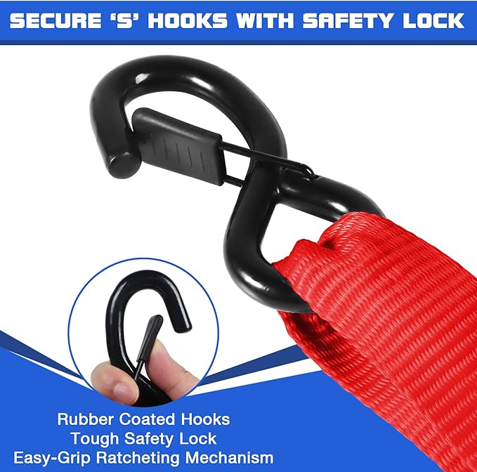 Heavy Duty Ratchet Straps for Trucks 4 PK 4400 LB 1.5" X10'Hold Containers Boat Tie Down Straps for Cargo/Pickup Truck Bed Toolbox Belt Accessories,Moving Furniture,Roof Rack Kayak Load Strap Red