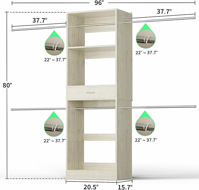 Unikito 96” Closet System, 8FT Walk in Closets Organizer Kit with 4 Extendable Hanging Rods and Drawer, Adjustable Wood Garment Rack, Sturdy Closet Insert, Easy Assembly, Max Load 1000 LBS, White Oak