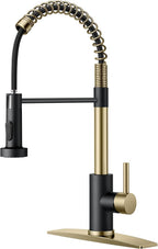 FORIOUS Kitchen Faucet with Pull Down Sprayer, Stainless Steel Commercial Single Handle Classic Spring Pull Out Sink Faucet for Pot Filler, Farmhouse Camper Bar Laundry Room, Black Gold