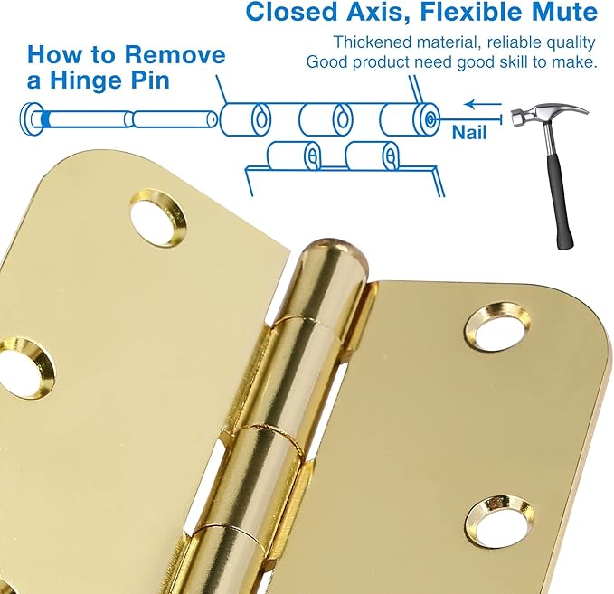 12 Pack Interior Door Hinges 3.5 inch X 3-1/2" 5/8 Radius, Polished Brass 3 ½" Gold Round Standard Hinge for Bedroom Doors DIY Assembly Bi-fold Table Hardware Home Accessories House Eseentials