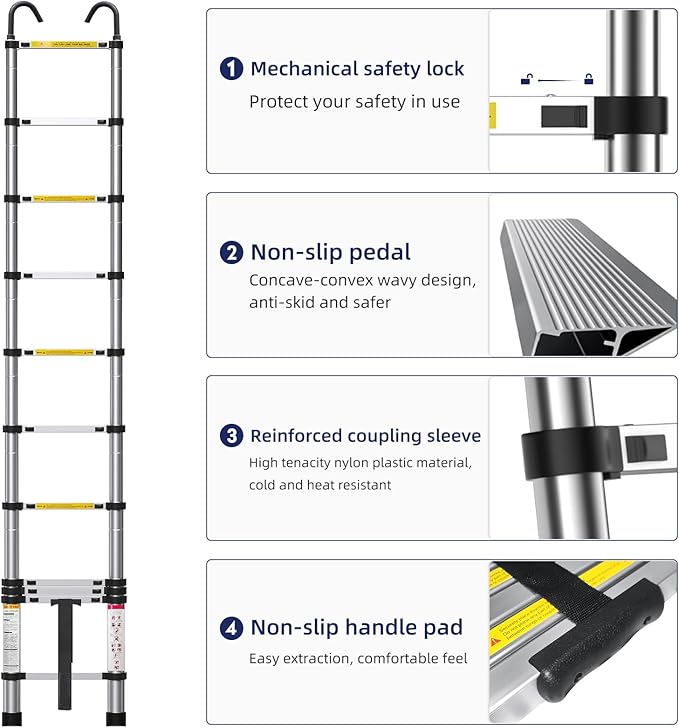 Molong 10.5ft telescoping Ladder Multi-Purpose Collapsible Ladder with Hook, Aluminum Extension Ladders for Home, Folding Telescoping Ladder for RV, Attic, Daily Use at Home, 330 lbs