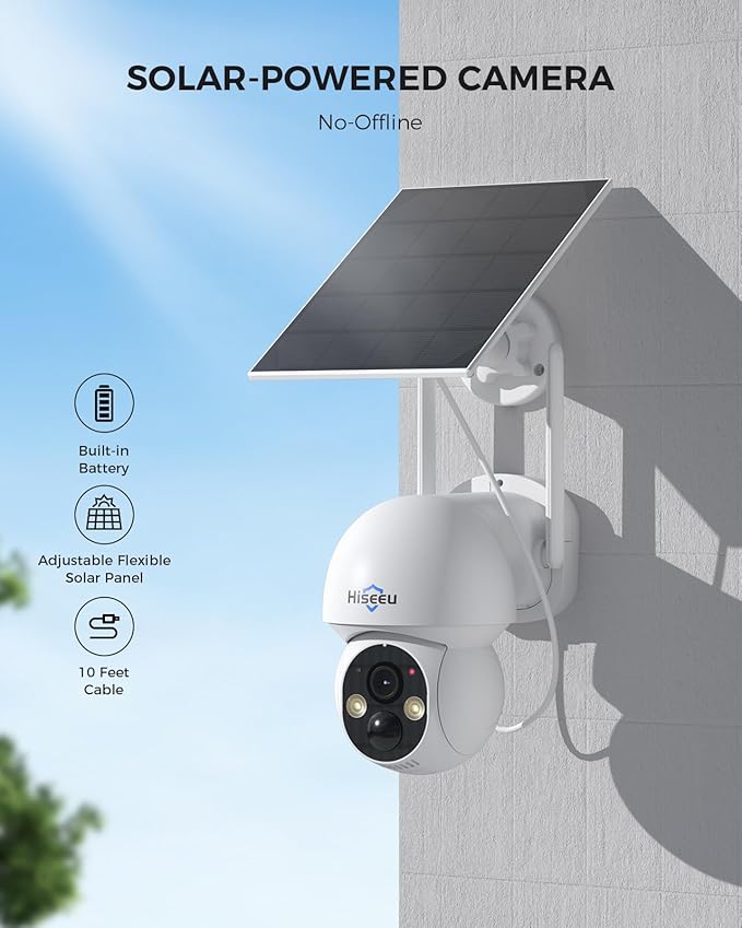 Hiseeu Solar Security Camera Outdoor,4MP Cameras,Wireless Home Security Cameras System,Color Night Vision,Solar-Powered, 2.4G/5G WiFi, 360° Pan & Tilt,500GB HDD,No Subscription