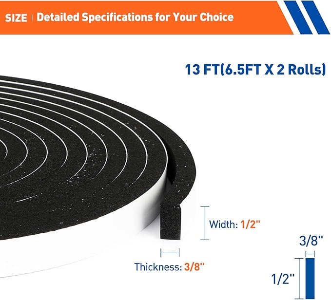 MAGZO Weather Stripping Door Seal, 1/2 Inch Wide X 3/8 Inch Thick Adhesive Foam Tape Soundproof Weatherstripping for Windows, 2 Rolls Total 13FT Black