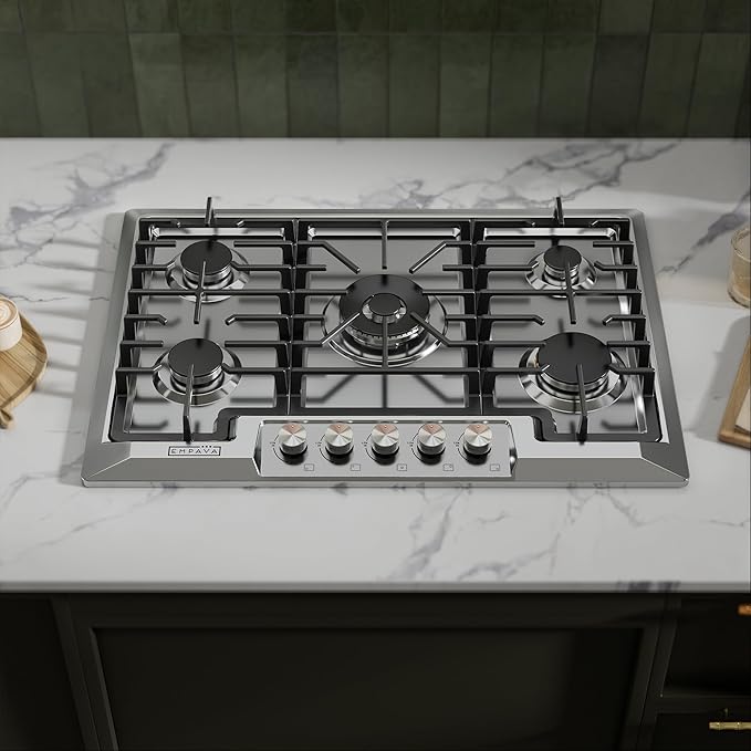Empava 30 Inch Built-in Gas Cooktop with 5 Sealed SABAF Burners, Stainless Steel Surface LPG/NG Convertible, Flame Failure Protection, Dishwasher Safe Grates, 30in