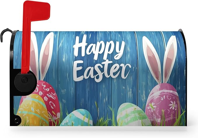 Easter Bunny Mailbox Cover Magnetic Lrage Size 21 x 25.5 Rabbit Colorful Eggs Mailbox Covers Wraps Blue Spring Post Letter Box Cover Oversized for Home Garden Yard Decor