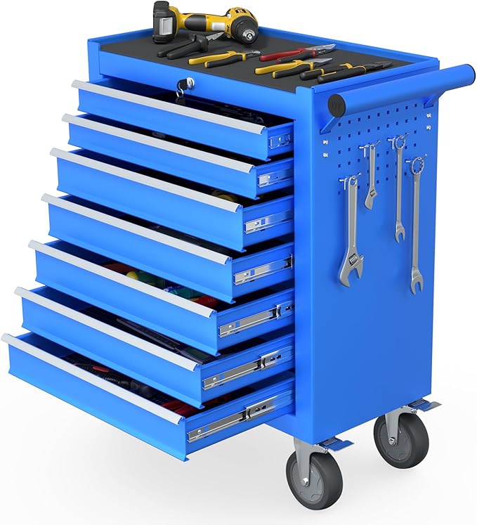 7-Drawer Rolling Tool Chest, Tool Box with 4 Wheels and Drawers, High Capacity Detachable Mobile Tool Storage Cabinet for Garage, Workshop, Mechanics and Repair Room (Blue)