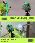 LasGoo Laser Level 3x360° Self Leveling, 3D Green Cross Line Laser for Construction and Picture Hanging, Rechargeable Battery, Remote Control, Magnetic Rotating Stand Included - LG-3Dx