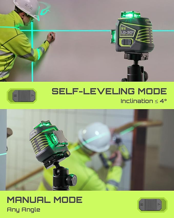 LasGoo Laser Level 3x360° Self Leveling, 3D Green Cross Line Laser for Construction and Picture Hanging, Rechargeable Battery, Remote Control, Magnetic Rotating Stand Included - LG-3Dx