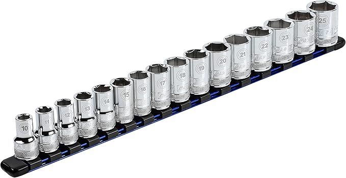 ARES 60044-1/2-Inch Drive Blue Aluminum Socket Organizer - Store up to 16 Sockets and Keep Your Tool Box Organized - Sockets Will Not Fall Off this Rail