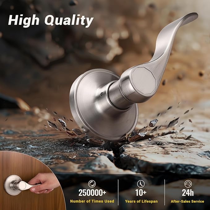 Knobonly 6 Pack Satin Nickel Pasage Door Levers Interior Door Handles for Hallyway andCloset Door Knobs Keyless Nickel Door Handles with Lock, Zinc Alloy Reversible for Right/Left