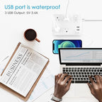 Jgstkcity Outdoor Waterproof Power Strip, 4 Flat Plug Outlets and 3 USB Ports, Mountable Weatherproof Surge Protector, Multi Outlet Extension for Camping, Garden, Kitchen, Bathroom, 6ft Cord (White)