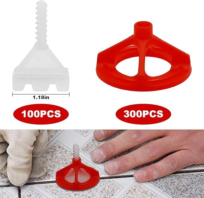 1/8 Tile Leveling System Tile Spacers Leveling System Tile Anti-Loosening and Spacing System Kit (1/8"-300pcs White Base + 100pcs Red Cap)