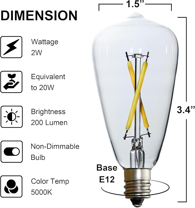 6pcs ST38 Edison Small Bulb 2W Equivalent to 15W-20W E12 Warm Base Clear Glass LED Bulbs for Chandeliers Fans Candelabras Outdoor ST38 String Lights