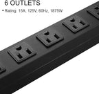 Metal Wall Mount Power Strip, Mountable Power Outlet with 6 AC Outlets, Aluminum Alloy Mount Power Socket with Switch, 6 FT SJT 3/C 14AWG Power Cord, 15A 125V 1875W (6AC) Black