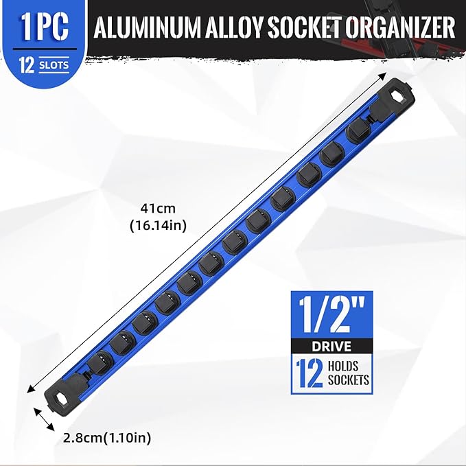 Magnetic Socket Organizer, 1-Piece Heavty Duty Aluminum Socket Holder, Socket Rail for Tool Box, Premium Quality 360° Swivel Socket Rack with 12 Clips for 1/2-Inch(Blue)