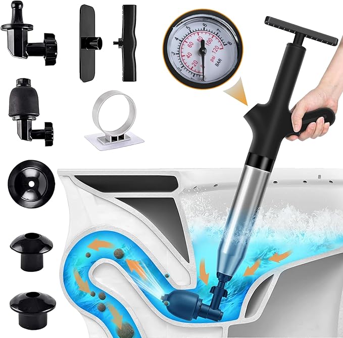Toilet Plungers for Bathroom, Air Toilet Plunger Drain Blaster with Real-Time Barometer, High Pressure Toilet Plunger Heavy Duty for Bathroom,Kitchen Sink,Floor Drain,Toilet Clogged
