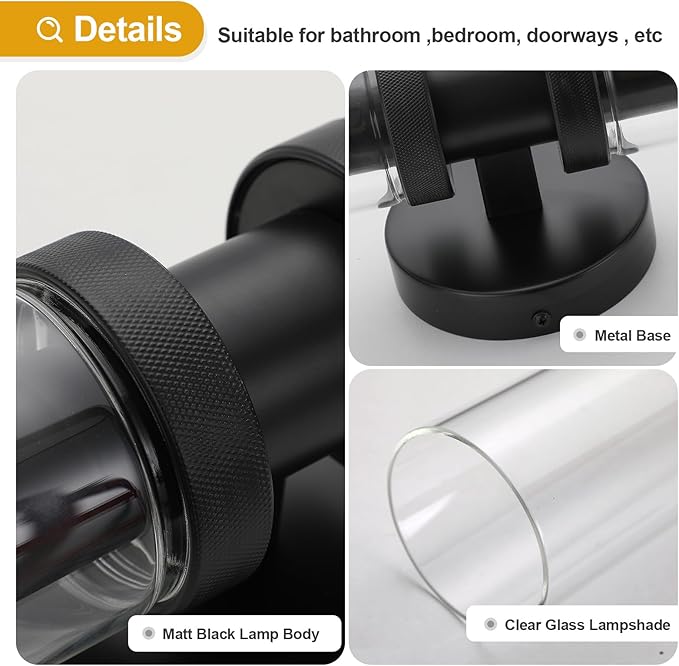 2 Light Vanity Light Side Mirror Farmhouse Bathroom Fixtures Black, E26 Wall Lamps for Bedroom, Industrial Lighting, Modern Lights With Glass Shade