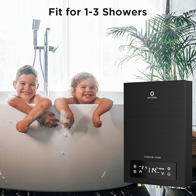 Airthereal Electric Tankless Water Heater, 27kW, 240Volts - Endless On-Demand Hot Water - Self Modulates to Save Energy Use - Small Enough to Install Anywhere - for 3 Showers, Evening Tide series