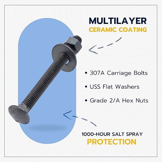 1/2 in. x 5 in. Black Carriage Bolt Kit Includes 12 Bolts, 12 Washers, and 12 Nuts, Ceramic Black Ruspert Coated for Exterior Use - 2X Rust Resistance of Galvanized by Makers Bolt