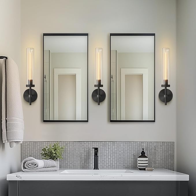 Black Wall Sconces 19.48'' Knurled Texture Indoor Wall Light Fixtures, Bathroom Vanity Light Fixtures with Clear Glass, Modern Wall Lamp for Bathroom Living Room Bedroom Hallway