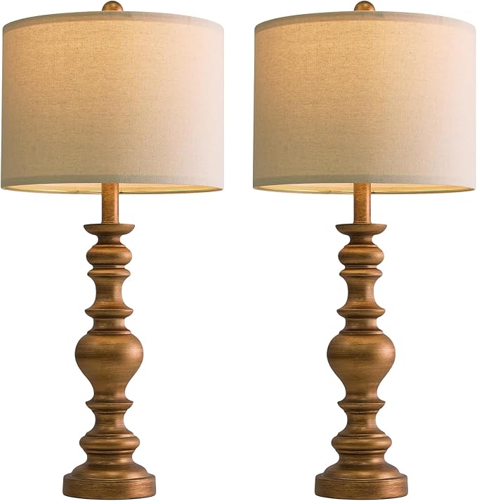 BOBOMOMO 27" Antique Gold Table Lamps Set of 2, Elegant Large Resin Lamps with Linen Shades, Gold Traditional Lamps for Bedroom, Living Room, or Console Table, Classic Vintage Décor
