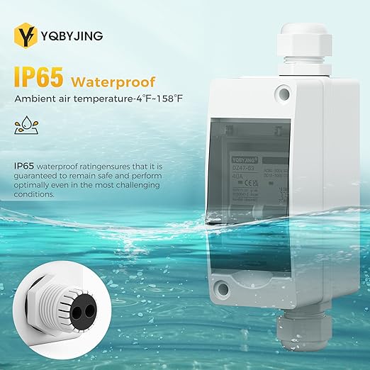 DC Solar Panel Disconnect Switch 40 Amp AC Miniature Circuit Breaker Box 500V 2 Poles with IP65 Waterproof UV-Proof Box for Outdoor Solar PV Homes Battery