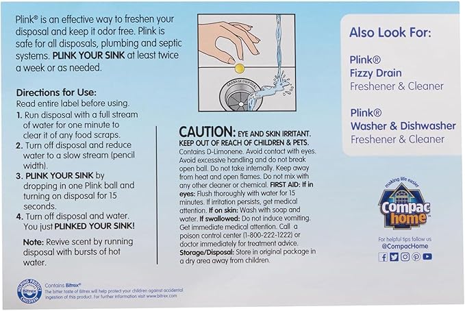 COMPAC HOME Plink Garbage Disposal Cleaner & Deodorizer, Air Fresheners for Garbage Disposal, Simply Fresh Scent, Home Cleaning Products for Kitchen Sink and Clogged Drains, Pack of 2-40 Count Total