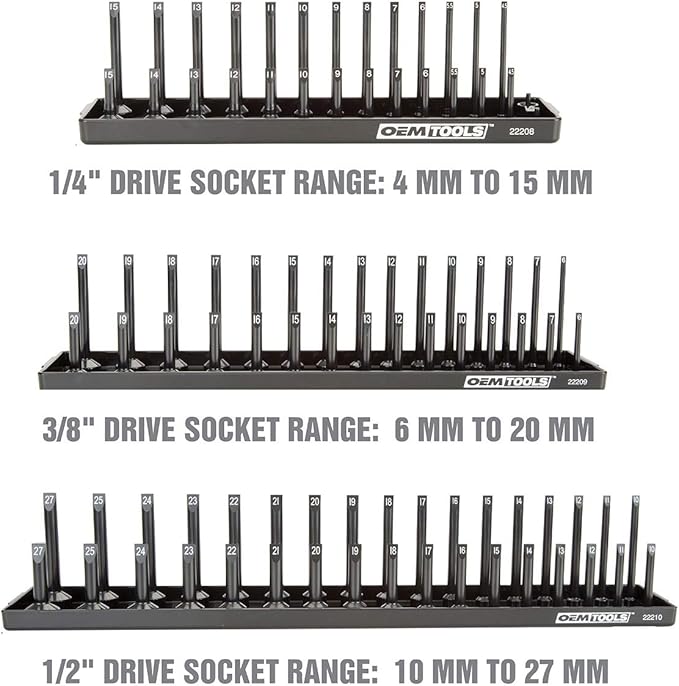 OEMTOOLS 22233 Tool Storage Organizer for SAE and Metric Socket, 6PC Socket Organizers for 1/4", 3/8", and 1/2" Drive Sockets, Optimize Toolbox Organization