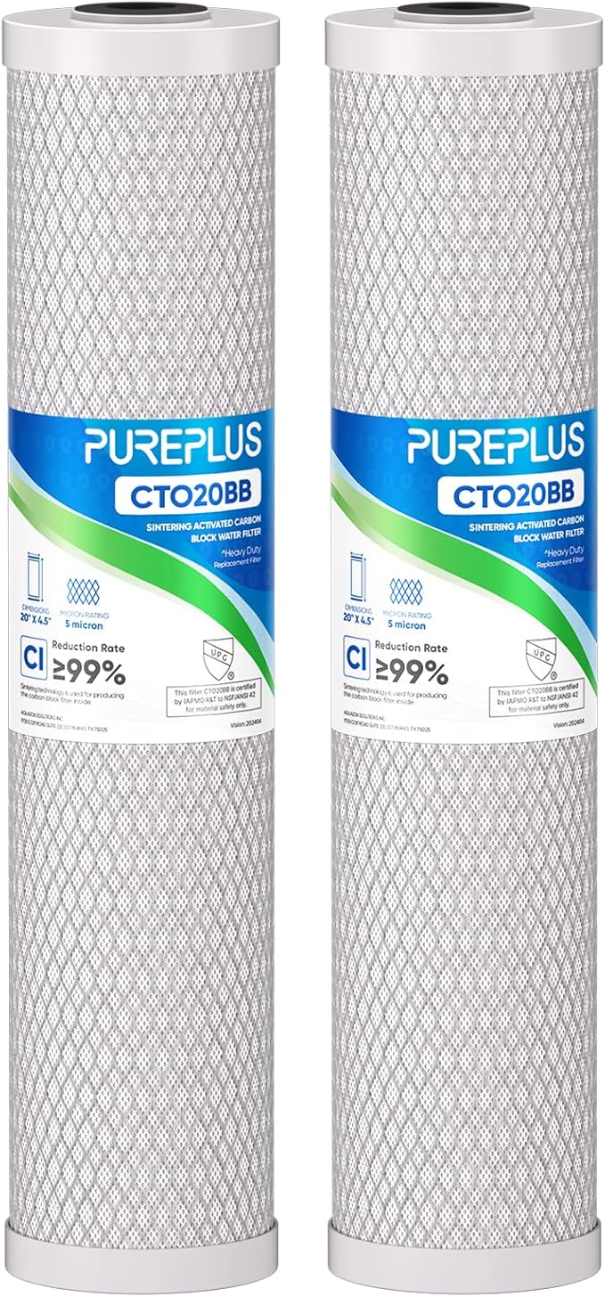 PUREPLUS 5 Micron 20" x 4.5" Whole House Coconut Shell Activated Carbon Water Filter Replacement Cartridge, Compatible with FC25B, EPM-20BB, CB-BB-20, CTO-F20B-5, 155783-43, 2 Pack