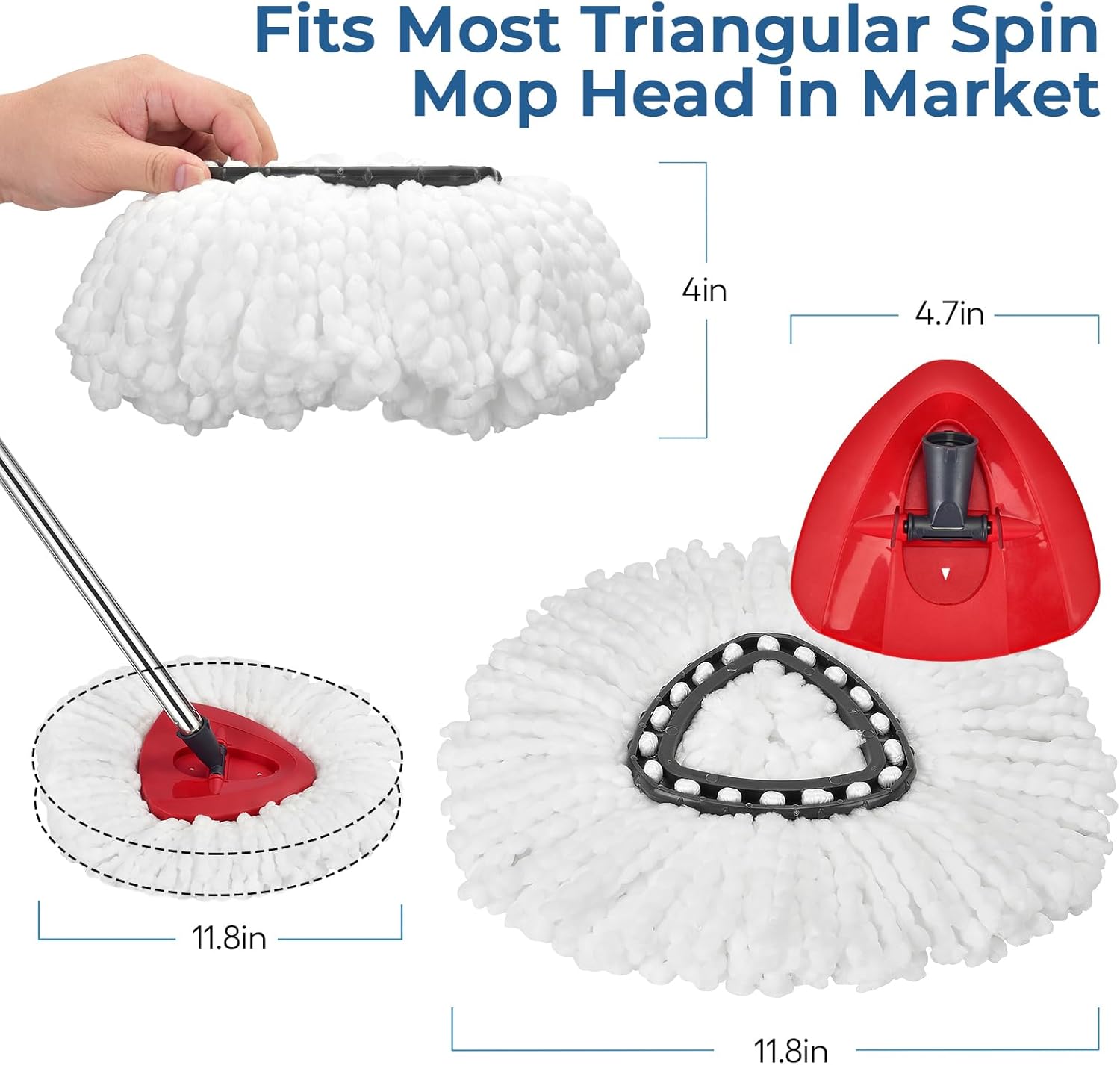 Matthew Spin Mop Replace Head Kit,Base,Handle Compatible with EasyWring Microfiber Spin Mop,4 Mop Refills Replacement Heads,30-58in Mop Handle and 1 Mop Base Combo Set White (1-Tank System)