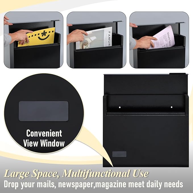 xydled Mailbox Wall Mount Mailboxes for Outside, Large Capacity Steel Hanging Metal Mailbox, Modern Post Box, Black,14.6''x12.2''x4.1''