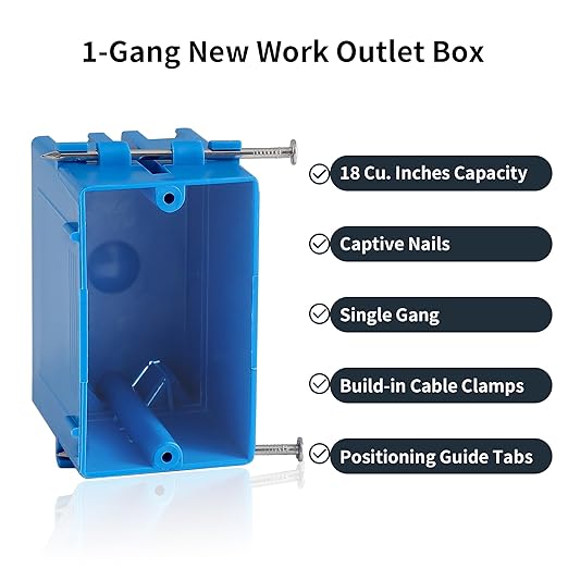 10-Pack Single Gang Electrical Box, New Work Box 1 Gang, Blue New Work Electrical Nail Outlet Box, 18 cu. in, Switch/Outlet Box PVC Electrical Junction Box for Residential Commercial Job Applications