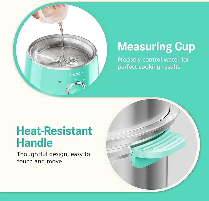 Hard Boiled Egg Cooker - CACHOO 14-Egg Rapid Stainless Steel Egg Boiler with 30-Min Timer & Auto Shut Off, Compact Electric Vegetable Steamer for Cooking, Dishwasher Safe, Aqua