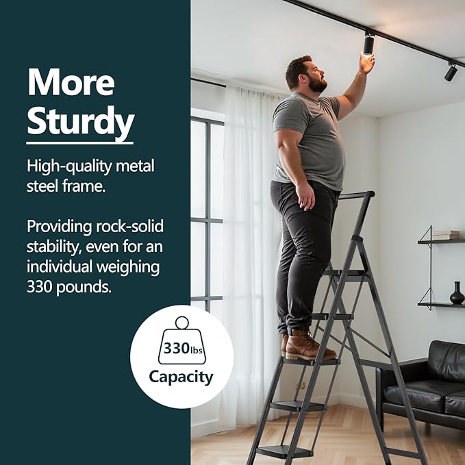 WOA WOA 5 Step Ladder, Foldable Ladder with Wide Pedals and Handle, Sturdy Ladders for Home and Kitchen with Anti-Slip Feet, Supports up to 330 lbs - Black