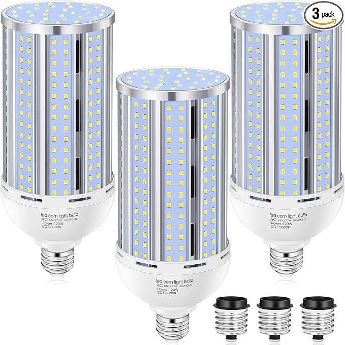 3 Pack 120W Corn LED Light Bulb Fanless,5000K Daylight(1200 Watt Equivalent) E26/E39 Large Mogul Base LED Cob Lamp 15,800LM for Outdoor Indoor Garage Warehouse Factory Workshop Street Backyard