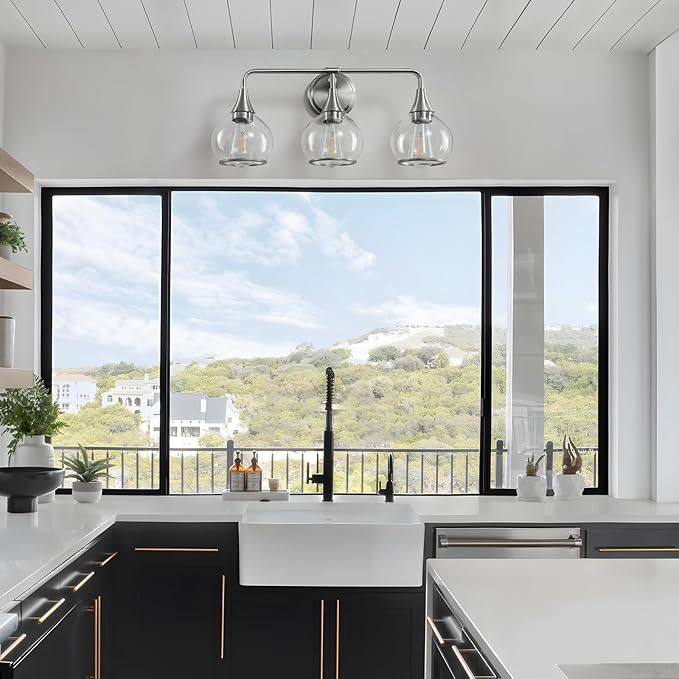 Brushed Nickel Bathroom Vanity Light 3 Lights Bathroom Light Fixtures Over Mirror with Clear Glass Shade 22.4 inch Wall Sconces Lighting Bath(Exclude E26 Bulb)