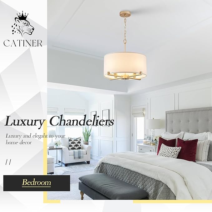 Modern Drum Chandelier 18” White and Gold Pendant Light Fixture Round Fabric Shade 4 Lights Semi Flush Mount Hanging Ceiling Chandelier for Dining Room Bedroom