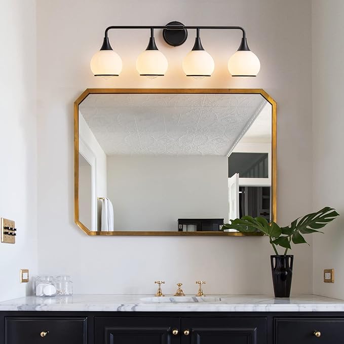 Black Bathroom Light Fixtures 4-Lights Vanity Lights with Milky White Frosted Glass Shade Bathroom Vanity Light 30.7 inch Wall Sconce Lighting Bath(Exclude E26 Bulb)