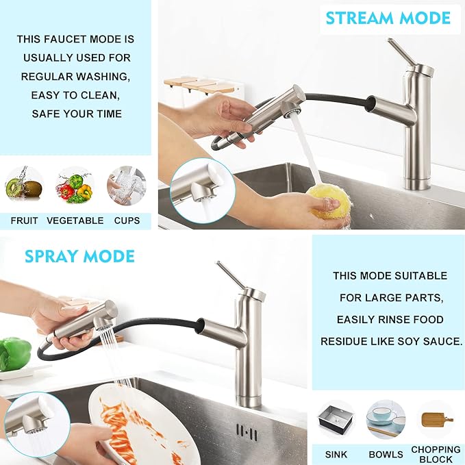 CREA Kitchen faucets, Bar Sink Faucet, Kitchen Sink Faucet Pull Out Brushed Nickel Single Handle Prep Wet Commercial Modern rv Low Arc Faucet