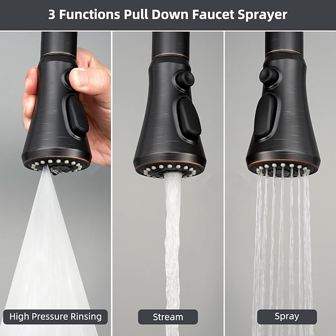 Hibbent Pull Down Spray Head, NSF/ANSI/CAN 61 & CUPC Certified 3-Function Spray Nozzle, 15 Adapters, Kitchen Sink Faucet Head Replacement Compatible with Moen, Delta, Kohler, Oil-Rubbed Bronze