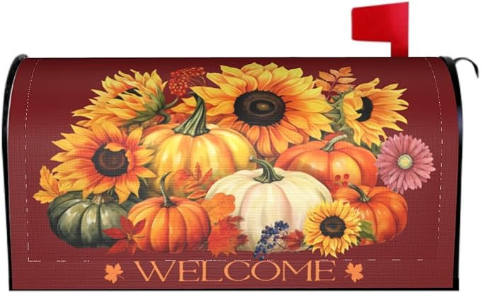 Autumn Pumpkin Thanksgiving Mailbox Cover - Magnetic Fall Sunflower Maple Leaf - Standard Size 25.5 x 21 Inch Farmhouse Rustic Welcome Post Box Wrap - Garden Yard Home Decor