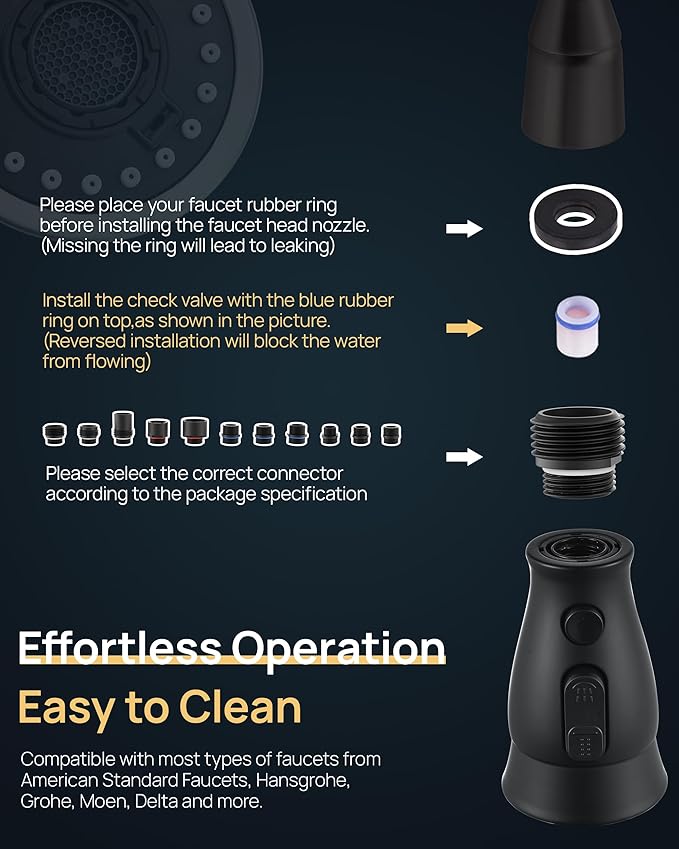Pull Down Spray Head Replacement for Kitchen Faucet, 3 Modes Kitchen Sink Faucet Sprayer Head Nozzle Spout with 11 Adapters, Matte Black