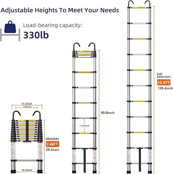 Molong 10.5ft telescoping Ladder Multi-Purpose Collapsible Ladder with Hook, Aluminum Extension Ladders for Home, Folding Telescoping Ladder for RV, Attic, Daily Use at Home, 330 lbs
