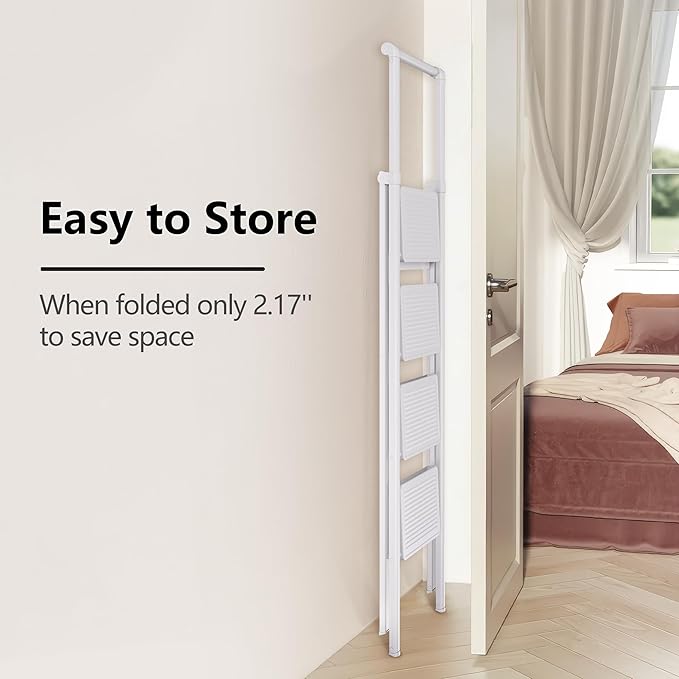 Step Ladder 4 Step Folding Stool with Anti-Slip Widened Sturdy Pedal and Handgrip, Portable and Multi-Use Iron Stepladder for Home, Kitchen, 300 lbs Capacity -White