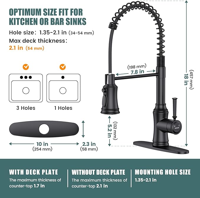 Kitchen Faucet with Pull Down Sprayer, Hurran Commercial Stainless Steel Kithcen Faucets, Single Handle Spring Faucets for Kitchen Sink, Sink Faucet for Farmhouse Wet Bar or RV, Matte Black
